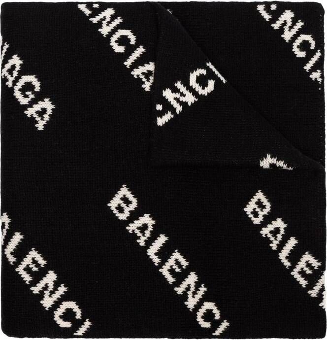 Balenciaga zwart witte sjaal van wolmix met logo intarsia