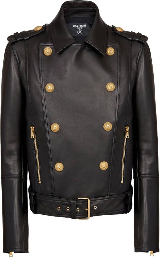 Balmain Double-breasted buttoned leather biker jacket Zwart Heren