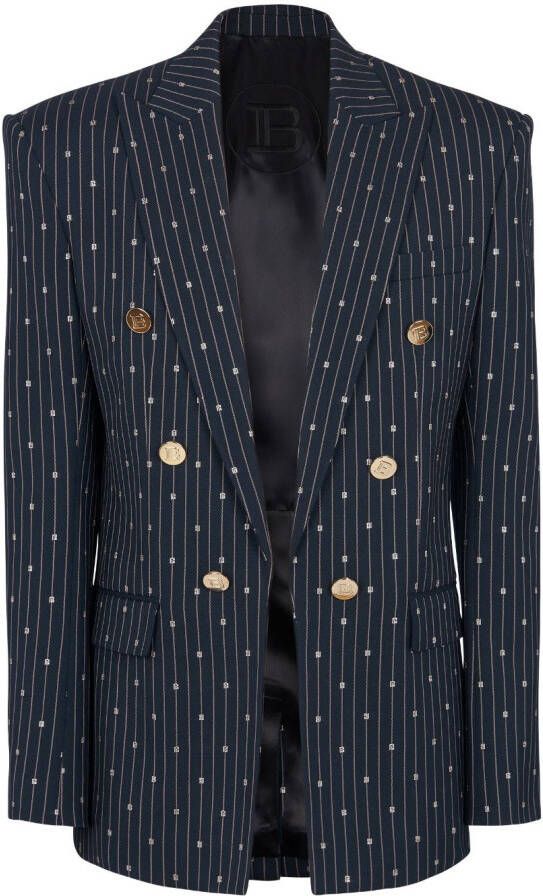 Balmain Monogram gebreid jasje met dunne strepen en 6 knopen. Blauw Heren