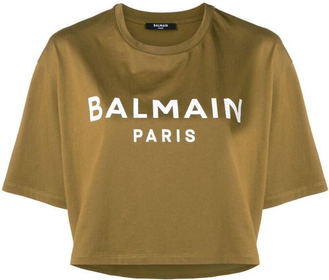 Balmain Eco-verantwoord cropped katoenen T-shirt met logo print Beige Dames
