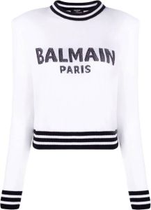 Balmain Cropped wool sweatshirt with logo Wit Dames