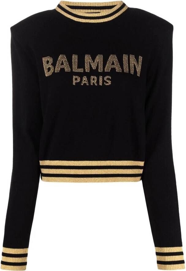 Balmain Cropped wool sweatshirt with gold logo Zwart Dames