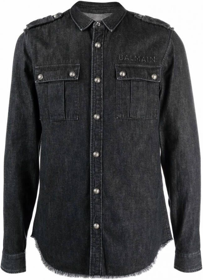 Balmain Denim Shirt met Franje Afwerking Black Heren