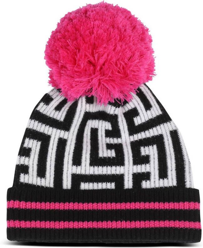 Balmain Maxi Monogram Beanie Hat in Pink Multi Wool Cashmere Roze Dames