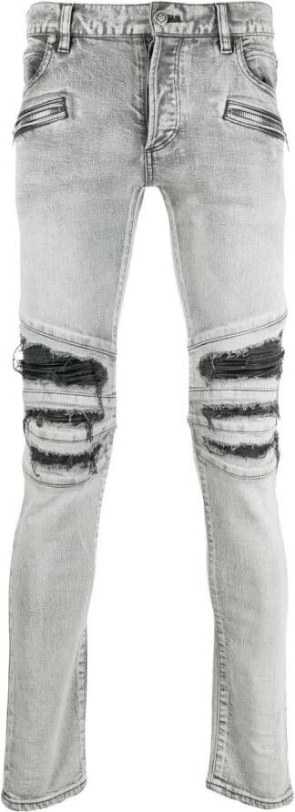 Balmain Slim fit gescheurde katoenen jeans met panelen van synthetisch leer. Grijs Heren