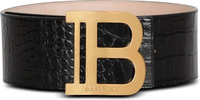 Balmain Zwarte Krokodil-Effect Riem met Gouden Logo-Plaque Zwart Dames