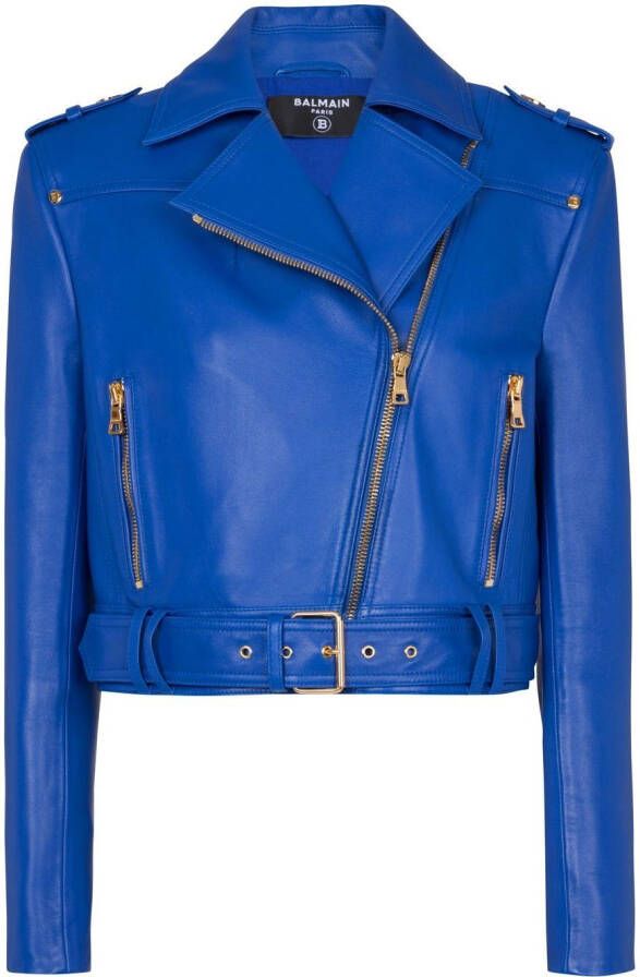Balmain Veste biker courte en cuir Blauw Dames