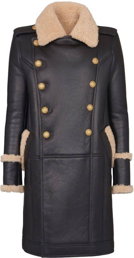 Balmain Militaire-stijl schapenvachtjas met bontdetail Black Heren