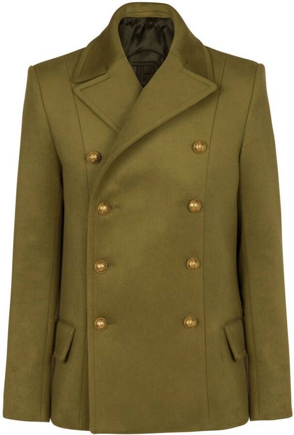 Balmain Dubbelrijige wollen erwtenjas Green Heren