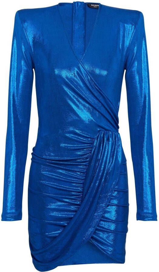 Balmain Gedrapeerde jersey lamé jurk Blue Dames