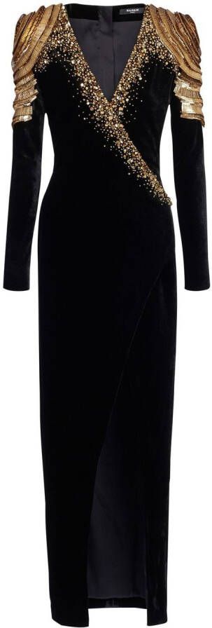 Balmain Embroidered velvet long dress Black Dames