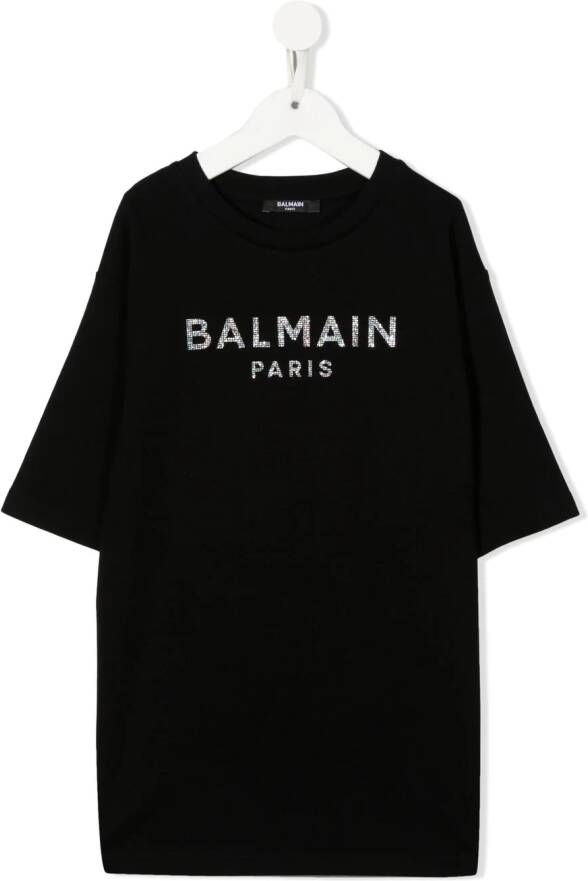 Balmain Kids T-shirt met logo van stras Zwart