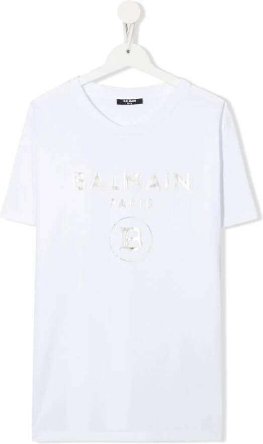 Balmain Kids T-shirt met metallic logo Wit