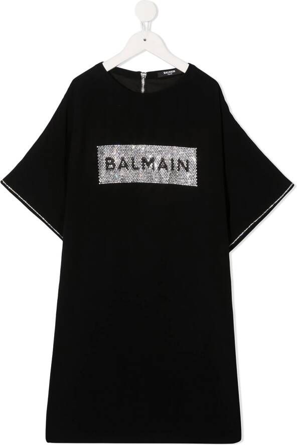 Balmain Kids T-shirtjurk verfraaid met logo Zwart