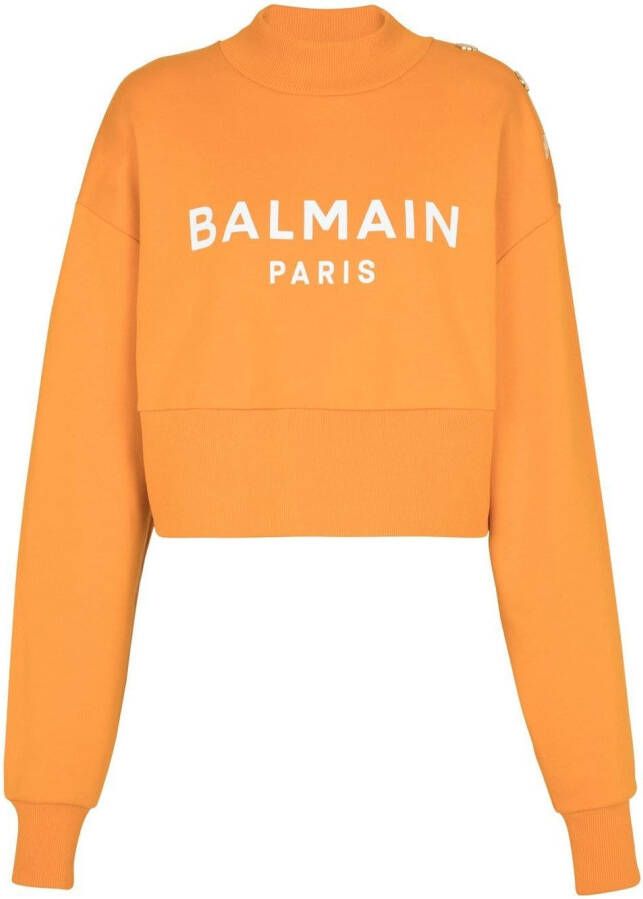 Balmain Eco-responsible cotton cropped sweatshirt with logo print Oranje Dames