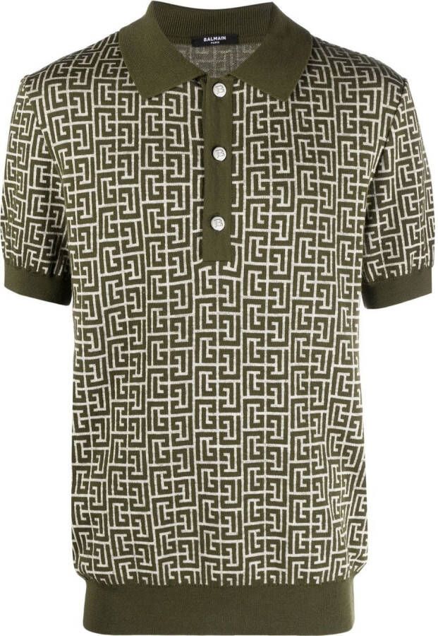 Balmain Wool polo shirt with monogram Green Heren