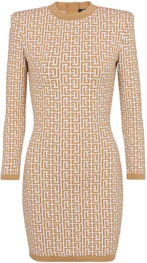 Balmain Robe courte en maille en jacquard bicolore à monogramme Beige Dames
