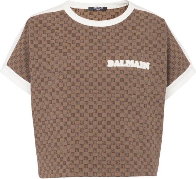 Balmain Kort T-shirt in Jacquard Jersey met ini-onogram Brown Dames