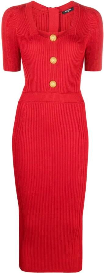 Balmain Ribgebreide jurk Rood
