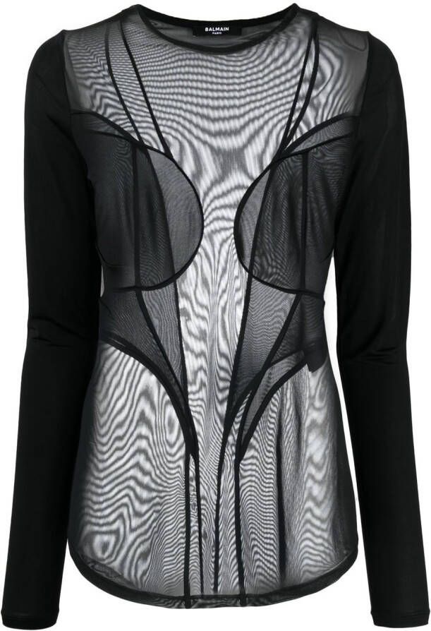 Balmain Semi-doorzichtige top Zwart