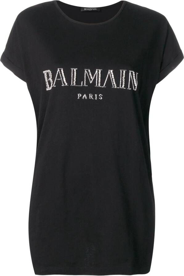 Balmain T shirt met geborduurd logo dames messing katoen Glas 34 Zwart