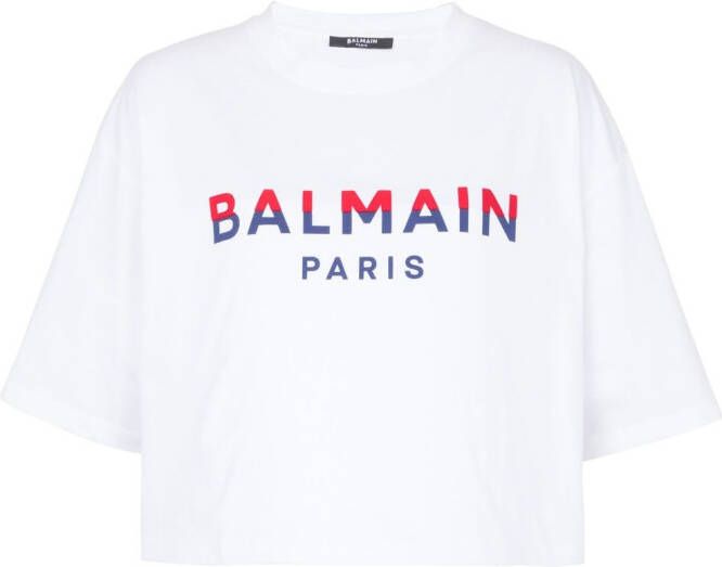 Balmain Flocked Paris cropped T-shirt Kort Paris T-shirt met flockprint Pink White Dames