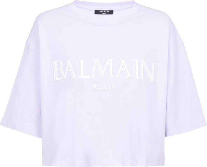 Balmain Bijgesneden T-shirt met rubberen Romeins logo Purple Dames