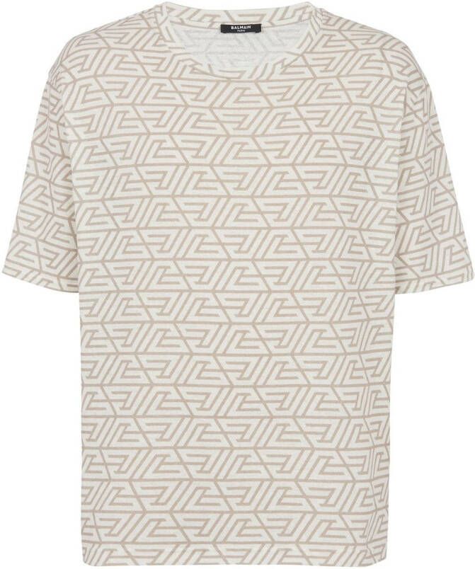 Balmain Oversized katoenen T-shirt met bedrukt piramide monogram Beige Heren