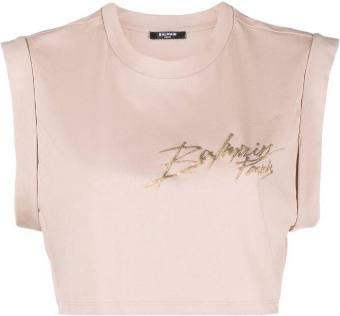 Balmain Tanktop met metallic logo Beige