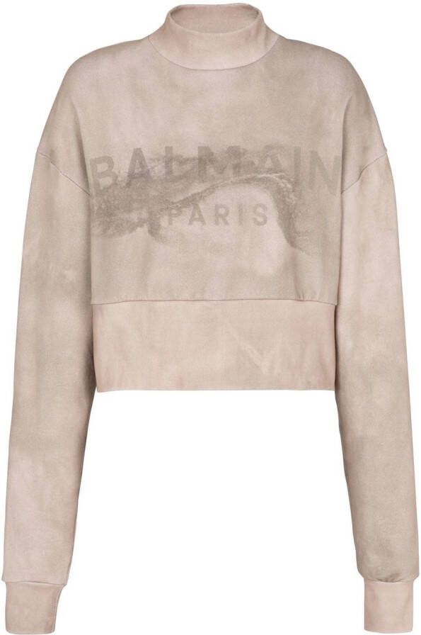 Balmain Eco-responsible cotton cropped sweatshirt with logo print Beige Dames