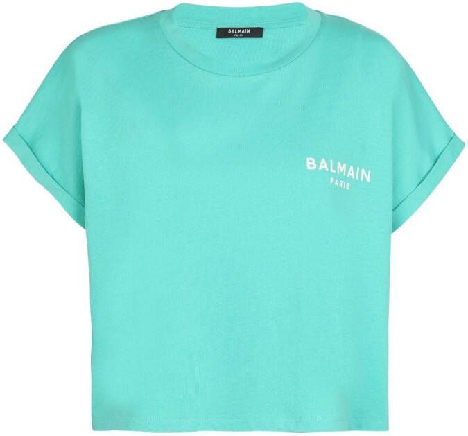Balmain Eco-responsible cropped cotton T-shirt with logo print Blauw Dames