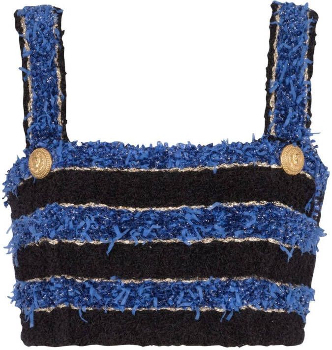 Balmain Blauwe Tweed Crop Top met Knoopdetail Blauw Dames