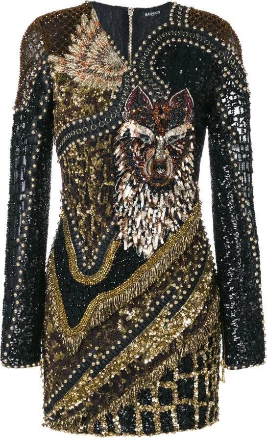 Balmain Wolf embellsihed dress Zwart