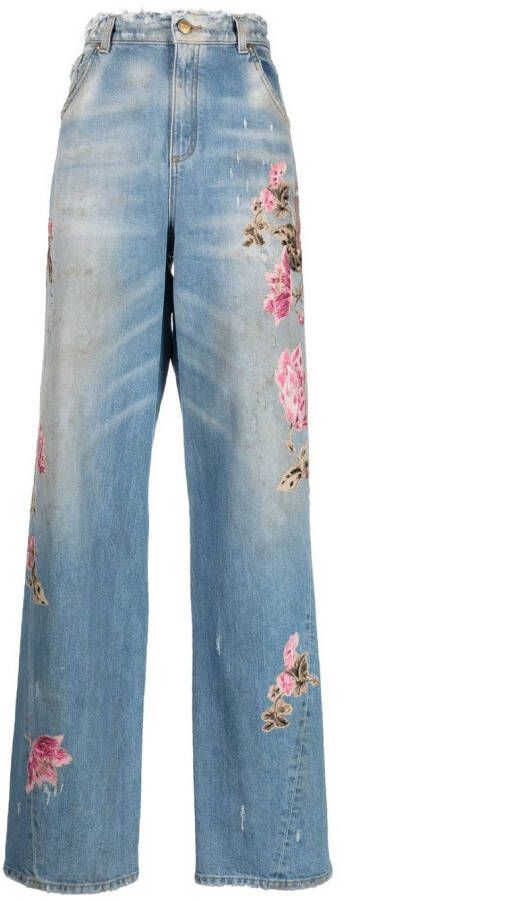 Blumarine Jeans met geborduurde bloemen Blauw