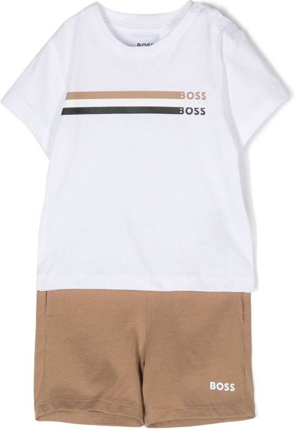BOSS Kidswear T-shirt en shorts met logoprint Beige