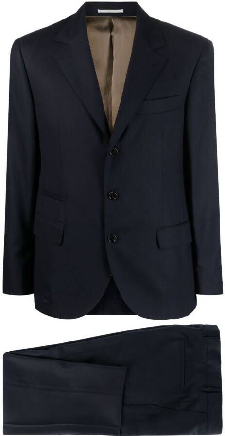 Brunello Cucinelli Pak met enkele rij knopen en gekerfde revers Blauw