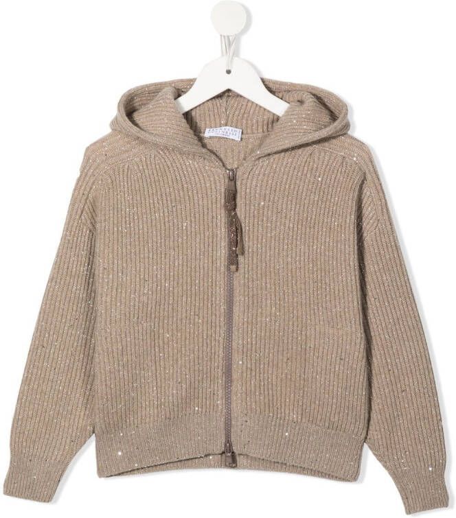 Brunello Cucinelli Kids Ribgebreide hoodie Bruin