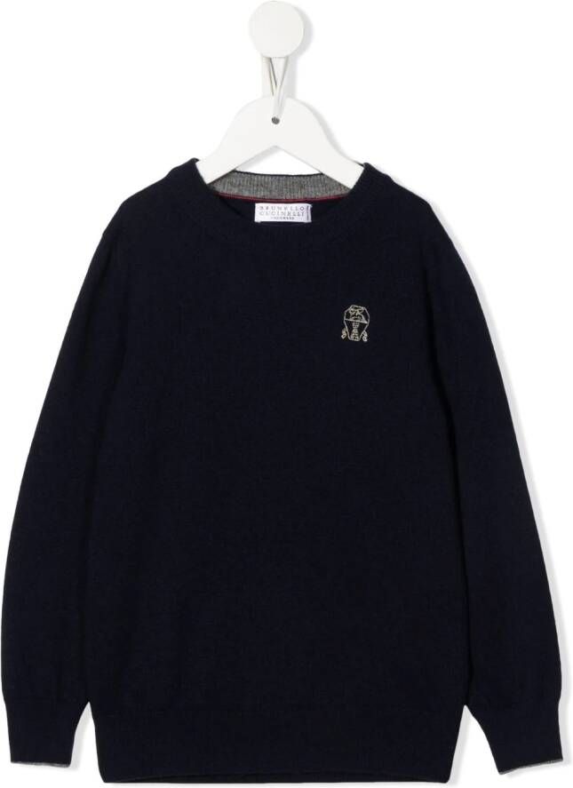 Brunello Cucinelli Kids Sweater met geborduurd logo Blauw