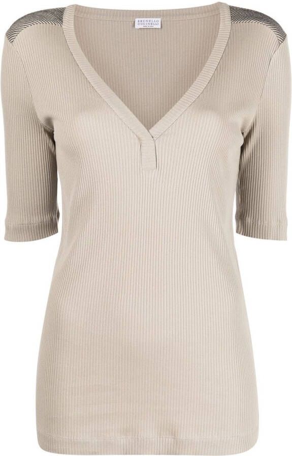 Brunello Cucinelli Geribbeld T-shirt met kralen Beige