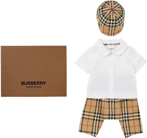 Burberry Kids Geruite broek shirt en muts Wit
