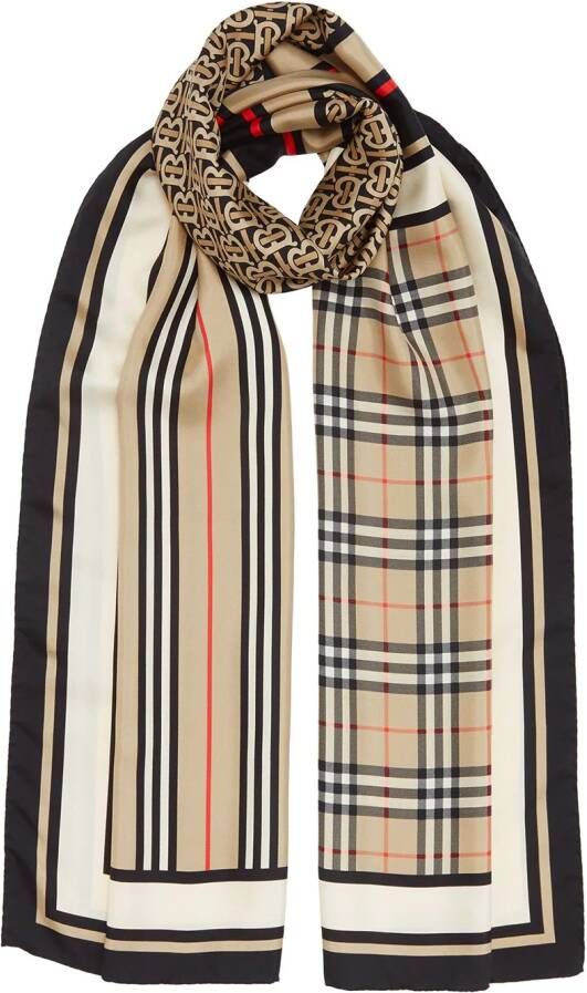 Burberry "zijden sjaal met monogram iconische streep en geruite print" Beige