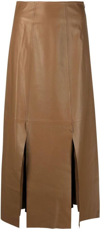By Malene Birger Midi-rok met leren vlakken Bruin