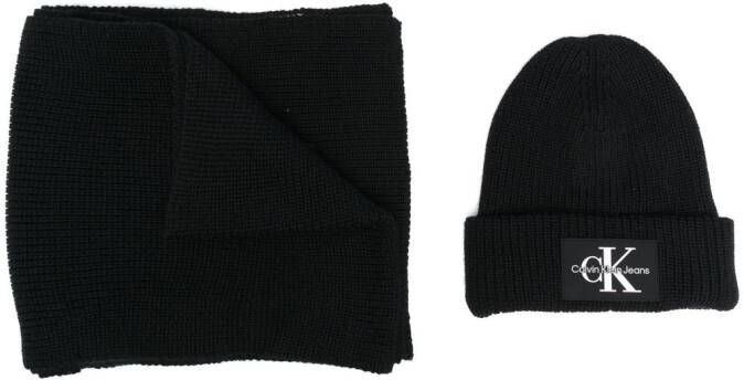 Calvin Klein Muts en sjaal set met logopatch Zwart