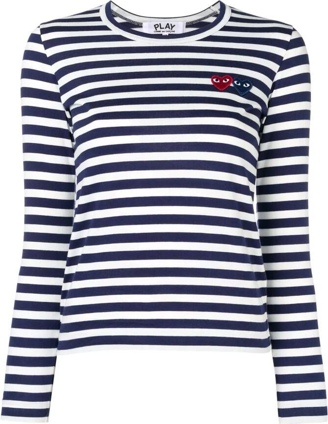 Comme Des Garçons Play double-heart logo striped T-shirt Blauw