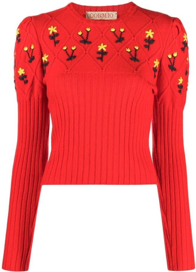 CORMIO Trui met geborduurde bloemen Rood