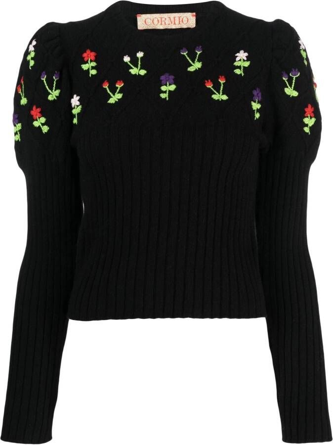 CORMIO Trui met geborduurde bloemen Zwart