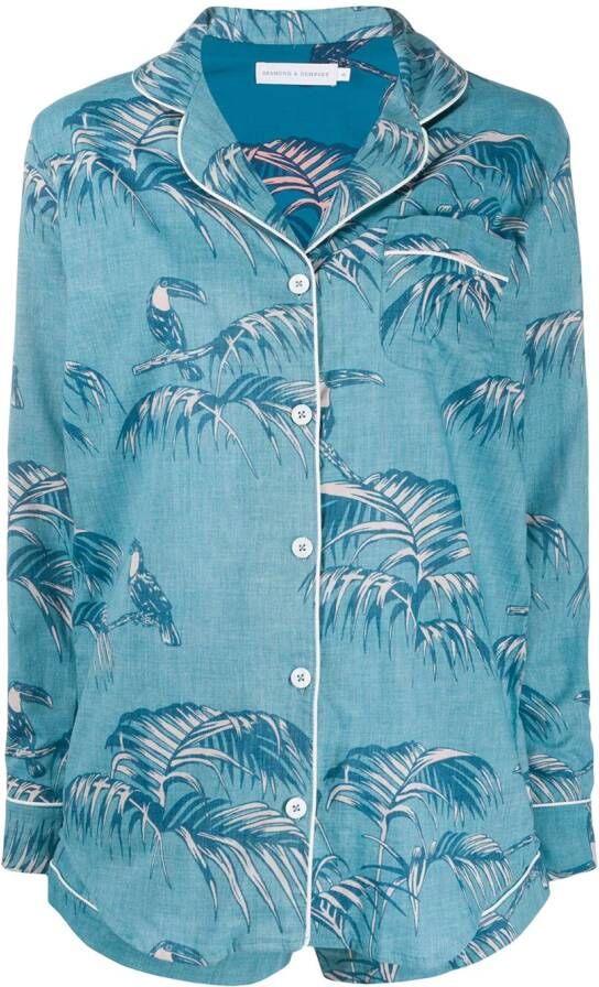 Desmond & Dempsey Pyjama met bladerprint Blauw