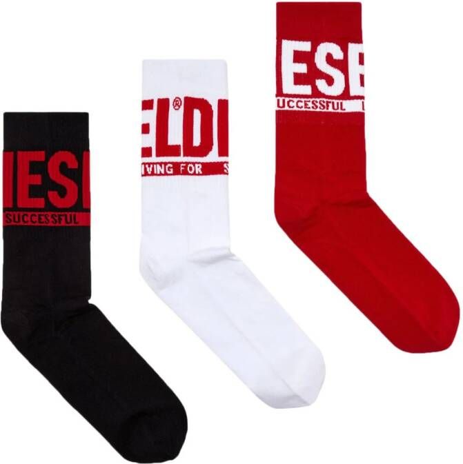 Diesel Drie paar Skm-Ray sokken met logo-jacquard Rood