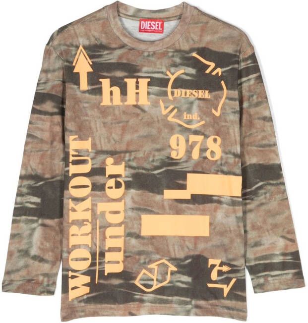 Diesel Kids T-shirt met gerafeld effect en lange mouwen Bruin