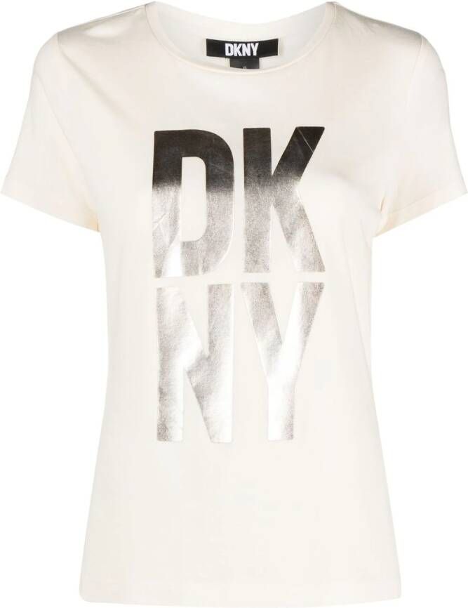 DKNY metallic-finish logo-print jersey T-shirt Beige